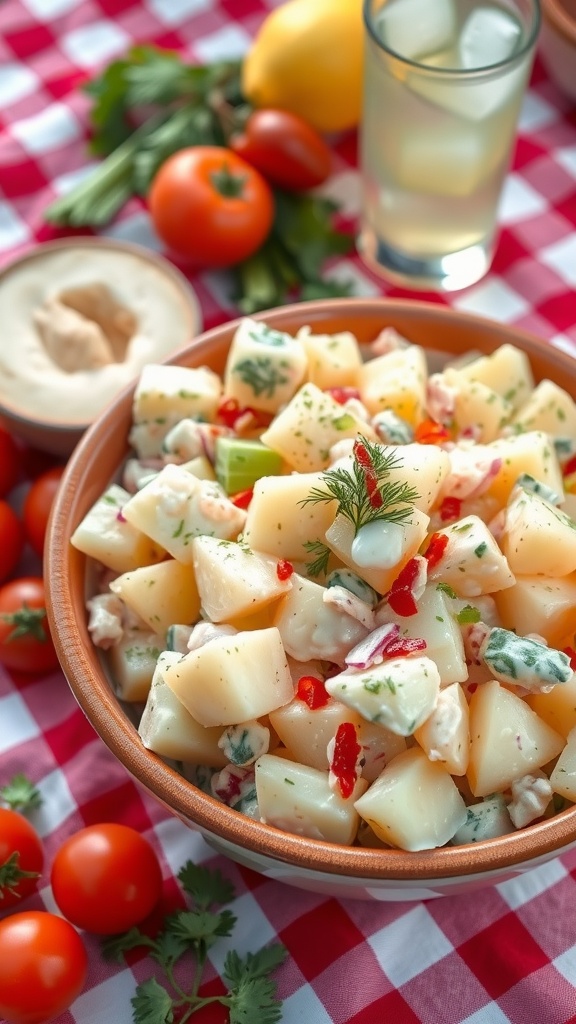 A bowl of classic potato salad with potatoes, celery, and onions, garnished with dill, on a picnic table.